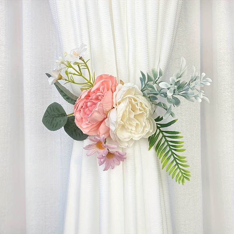 TEMU 1pc French Vintage Floral Curtain Tiebacks - Elegant Floral Window Drapes With Greenery & Roses, Durable Polyester Window Treatments For Living