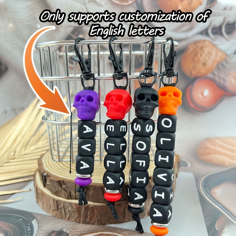 

Custom Halloween Skull Silicone Keychain With Beaded Letters - Personalized Anti-lost Key & Bag Charm, Perfect Gift For Her