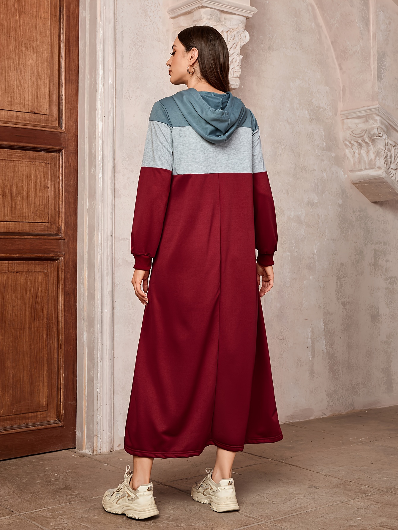 Color Block Hoodie Loose Dress, Casual Long Sleeve Drawstring Dress For  Fall Winter, Women's Clothing