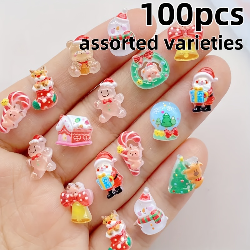 TEMU 100pcs Cute Resin Christmas Charm Mixed Set - Santa Claus, Gingerbread For Man, Bear, Snowman, Christmas Tree, Reindeer Nail Art Accessories, Suitable For Holiday And Nail Decoration,