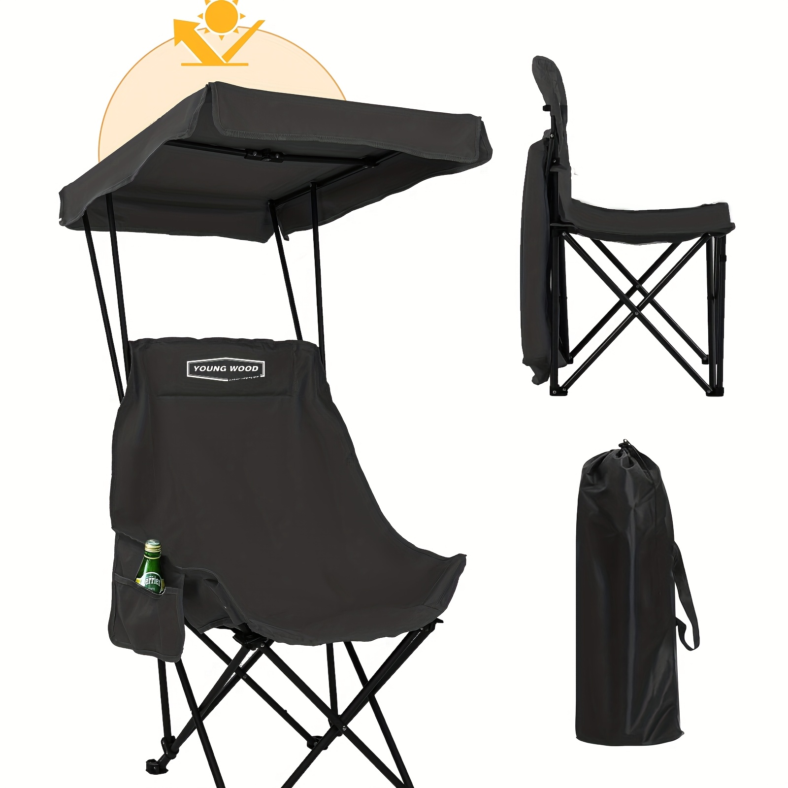 Folding Beach Chair With Sunshade, Portable Camping Backpack Chair, Low Profile, Lightweight High For Adults, Upf 50+ Sun Protection