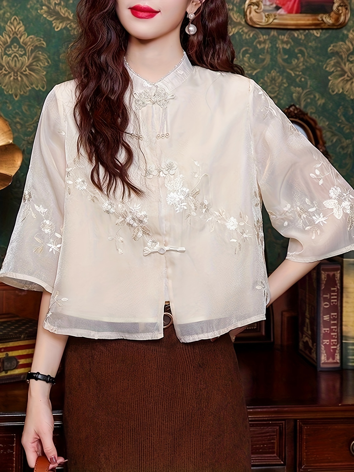 blusa chifón bordada estilo chino elegante mujeres moda Temu El