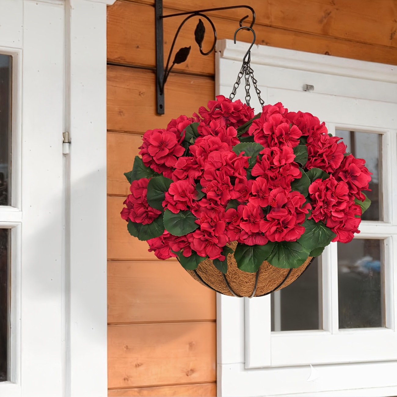 2 Sets Artificial Red Geranium Flowers with Hanging Baskets and Planters, 12pcs Each for Garden and Home Decor