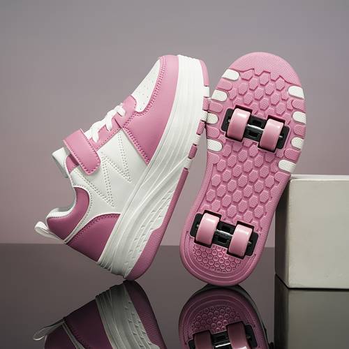 childrens fashion roller skates girls pink dual use roller skate shoes with wheels lightweight anti slip detachable dual wheel skate shoes round toe lightweight pu upper with shock absorbing anti slip durable tpr sole