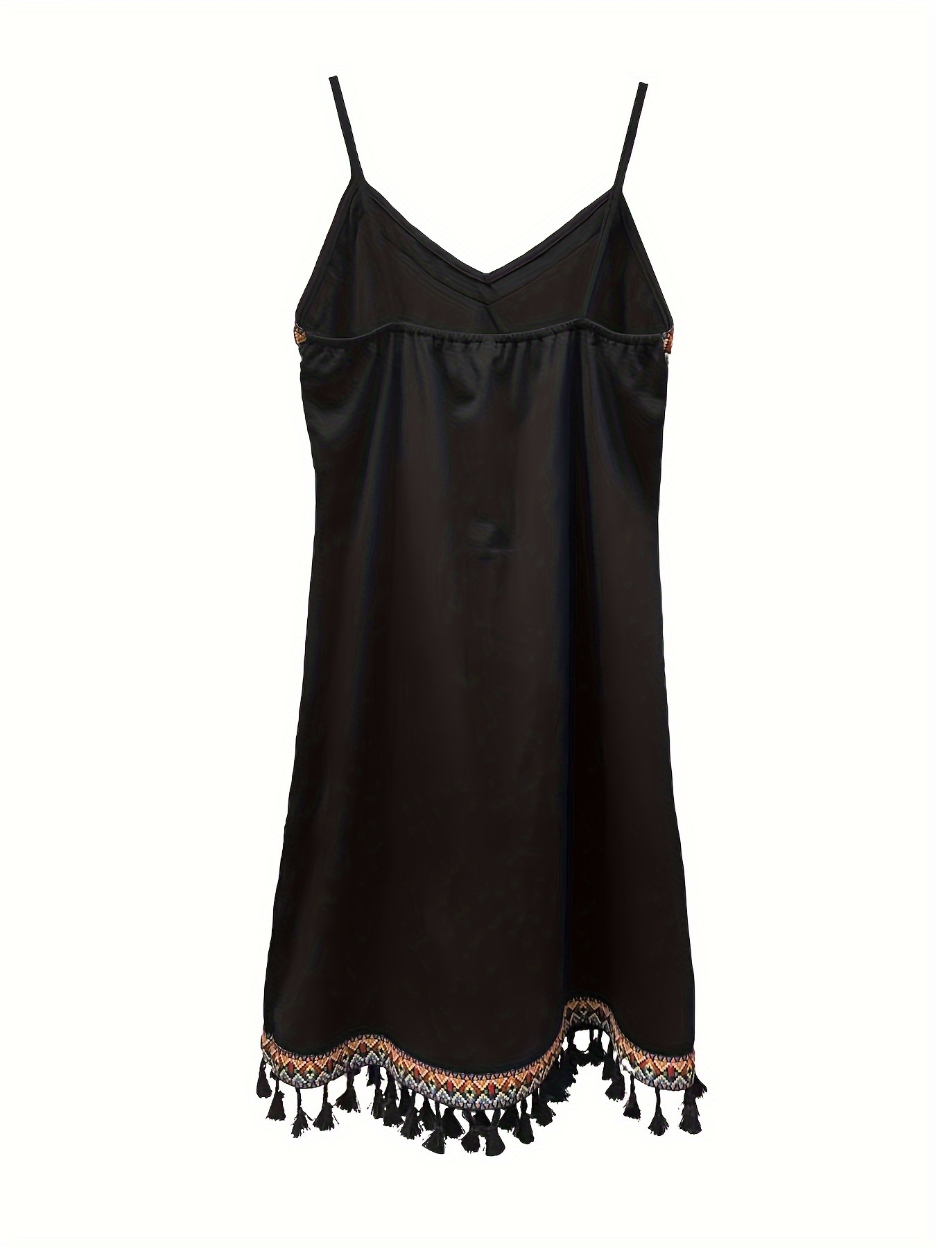 ethnic print contrast trim cami dress, vintage sleeveless v-neck tassel decor dress, women's clothing black 1