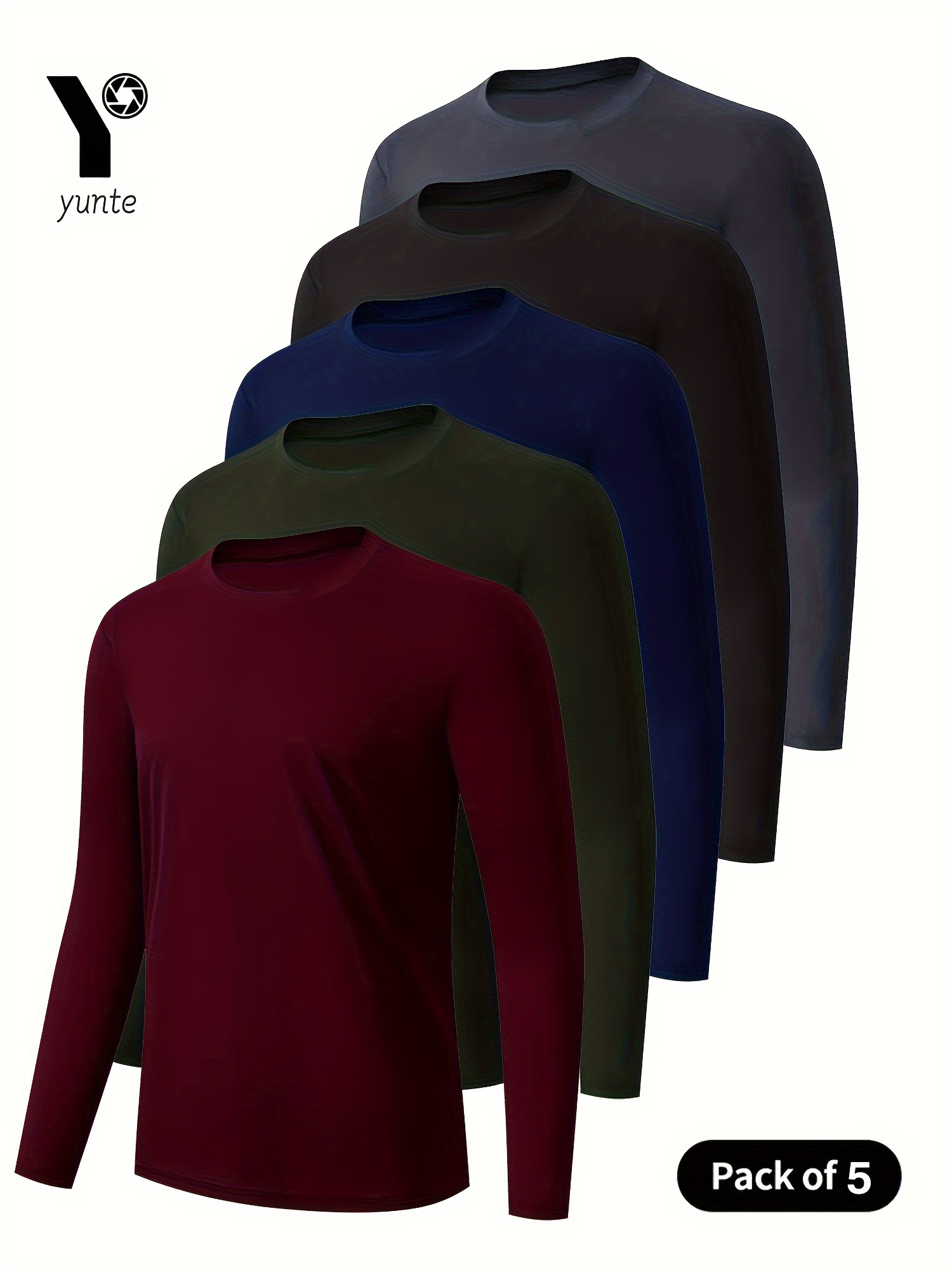 5 pack mens athletic long sleeve crew neck shirts quick dry polyester knit fabric solid     for running workout dining regular fit spring summer fall   military   black grey details 0