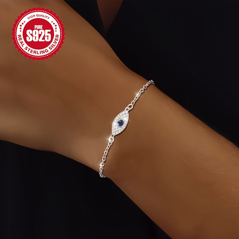 925 Silver Gothic Style Blue Evil Eye Bracelet With Cubic Zirconia, Adjustable, Hypoallergenic - Ideal For Christmas & Halloween Gifts, Versatile , Bracelet|evil |adjustable Bracelet