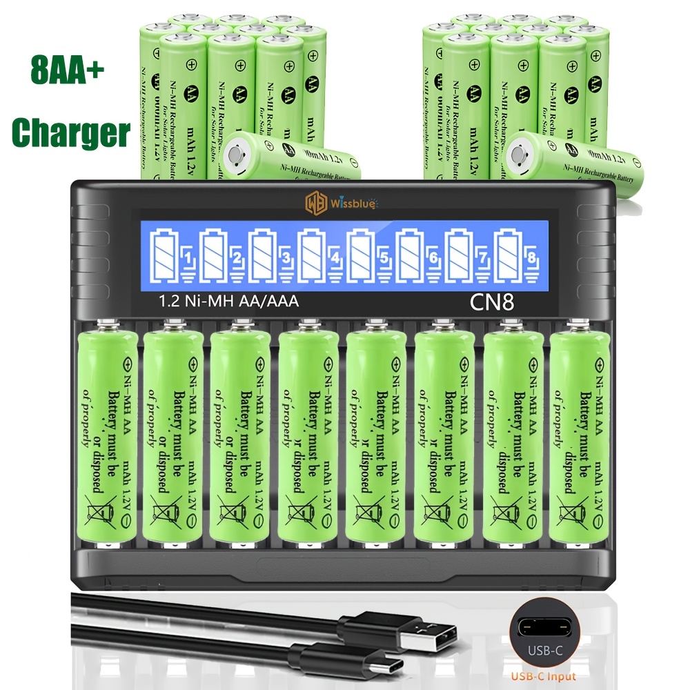 TEMU Rechargeable Batteries With Charger, 8 Pack Of High Capacity Low Self , Ni-mh Aa Batteries With Smart 8 Bay Battery Charger, : 8aaa+charger;