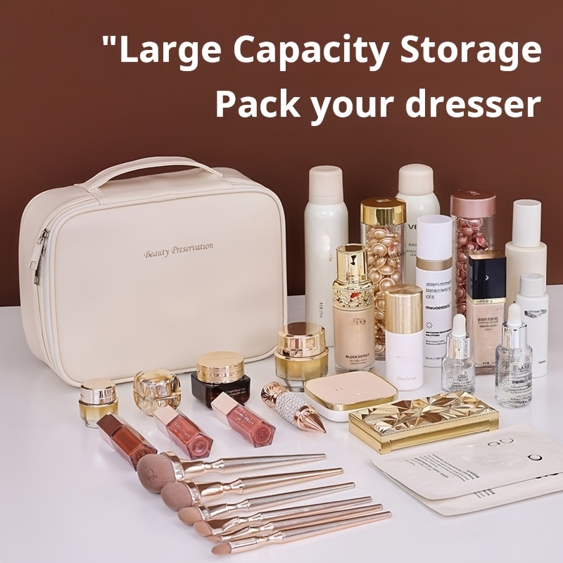 large-capacity multi-tier cosmetic organizer case with detachable brush storage - synthetic leather-like texture makeup bag with golden-tone hardware, beige & black travel beauty storage box with multiple compartments & top opening - unisex portable organizer for  ,   makeup organizer for daily use or travel, durable & stylish design with golden-tone hardware & zippered closure, makeup organizers and storage, colorful cosmetic bag, Product details 2