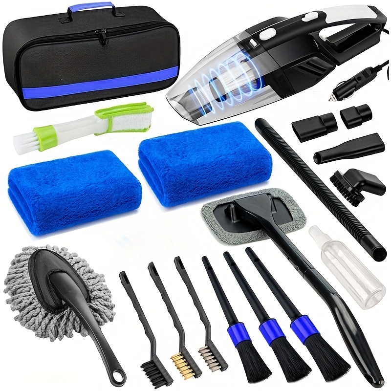 TEMU 19pcs/set Car Cleaning Wash Kit Interior Detailing Cleaner Kit With High Power Handheld Vacuum, Brush Set, Windshield Tool, Duster, Towels, Complete Car Care Tool