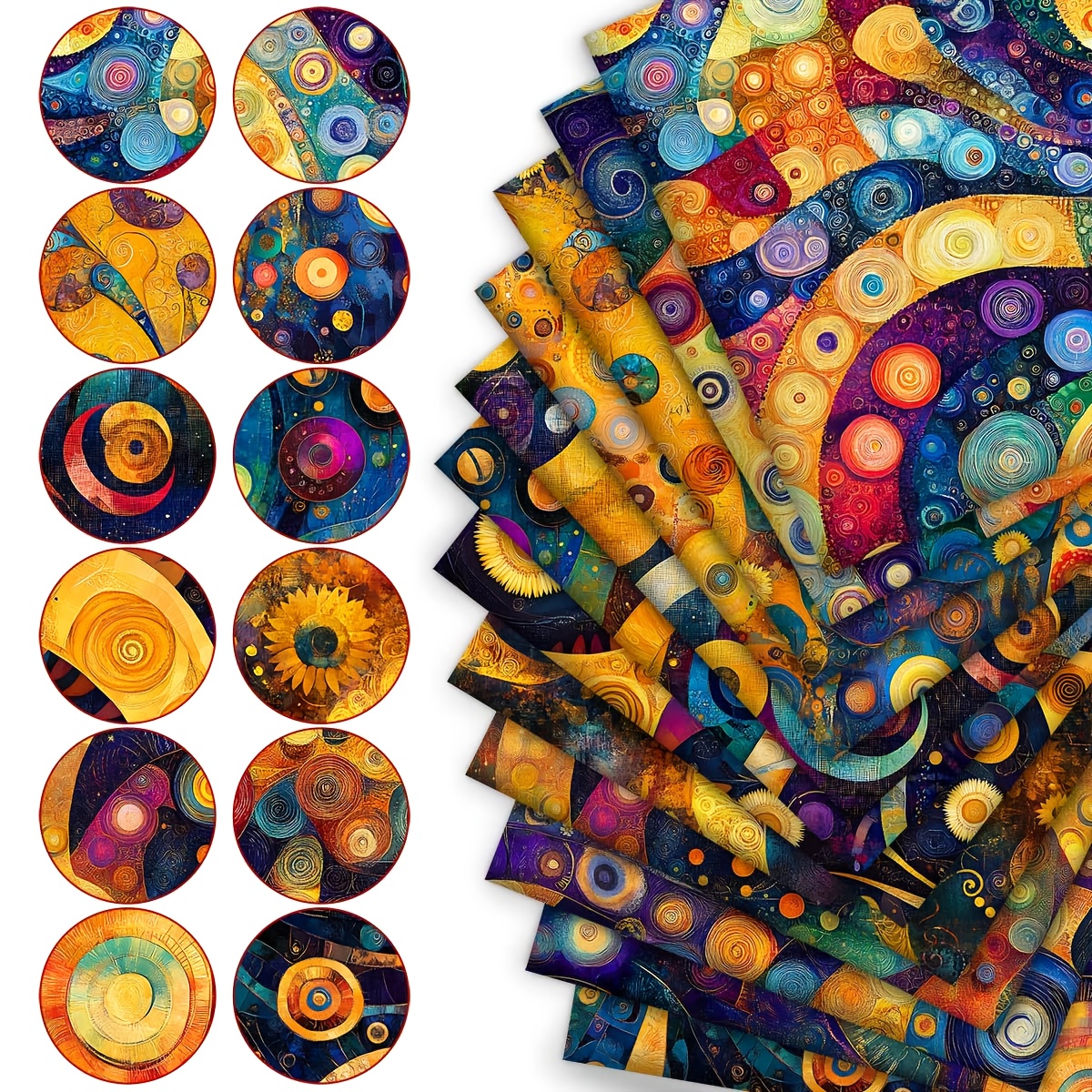 E-shop 12 Stück, 19,7 x 9,45 Zoll, kunstvolles Dekorationsmaterial, im Klimt-Stil, mit goldenen, bunten , kreisförmigen Mustern Sonnenblumenelementen,