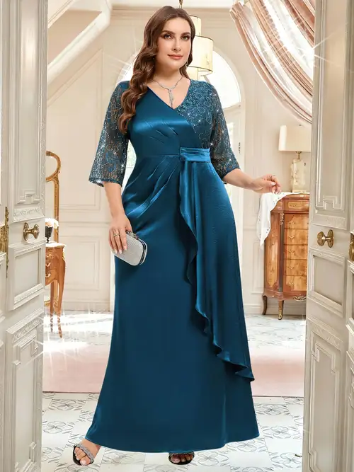 plus size formal wedding guest dresses with sleeves pretty CAMILLE|Plus Size Midi Long Lantern Sleeves V-Neck Lace Wedding Guest Dress