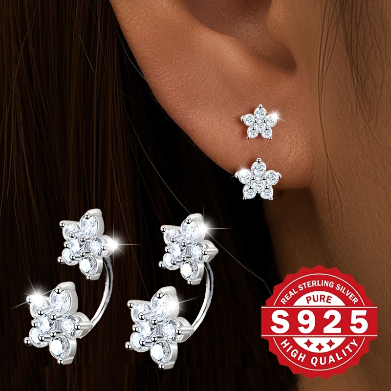 

Pair Of Women' Flower Back Hanging Earrings, S925 Pure Silvery, Artificial Zirconia Luxurious Shine, And Elegant Sweet , Suitable For Christmas Gifts, Low Allergy 2.2g