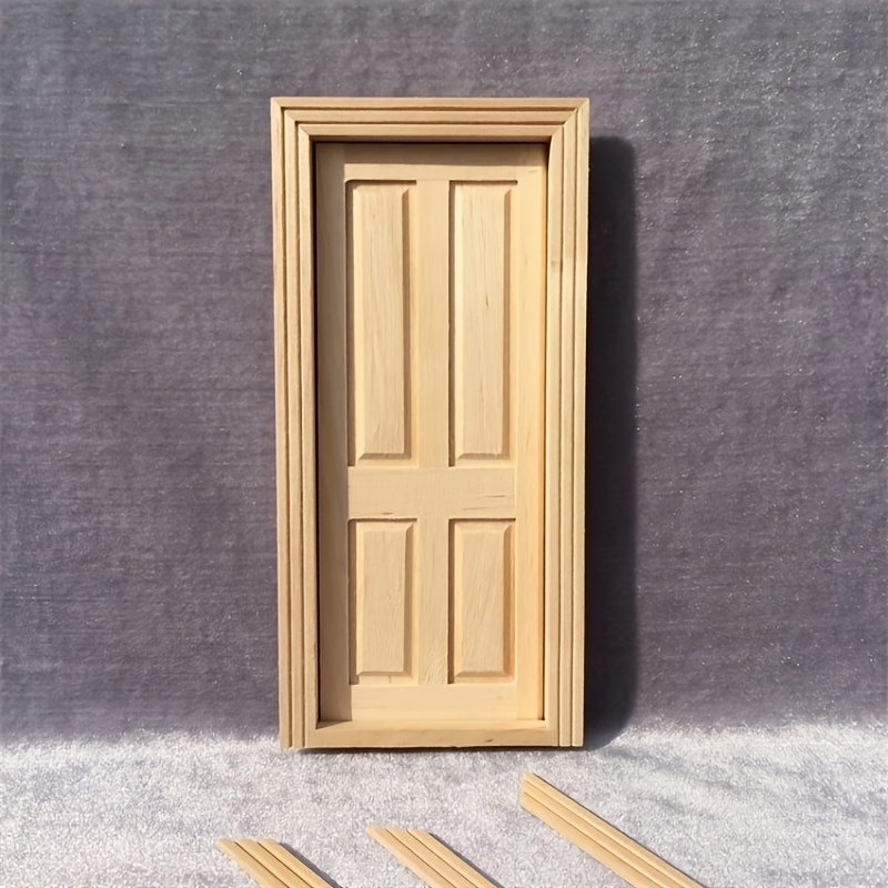 Image of 1pc Miniature Wooden Dollhouse Door - Unfinished Natural Wood Grain, Four- With Hinges & Latch, Diy Crafts & Hobby Projects, Hobbyist Woodworking | Fourpanel Door | Natural Wood Texture