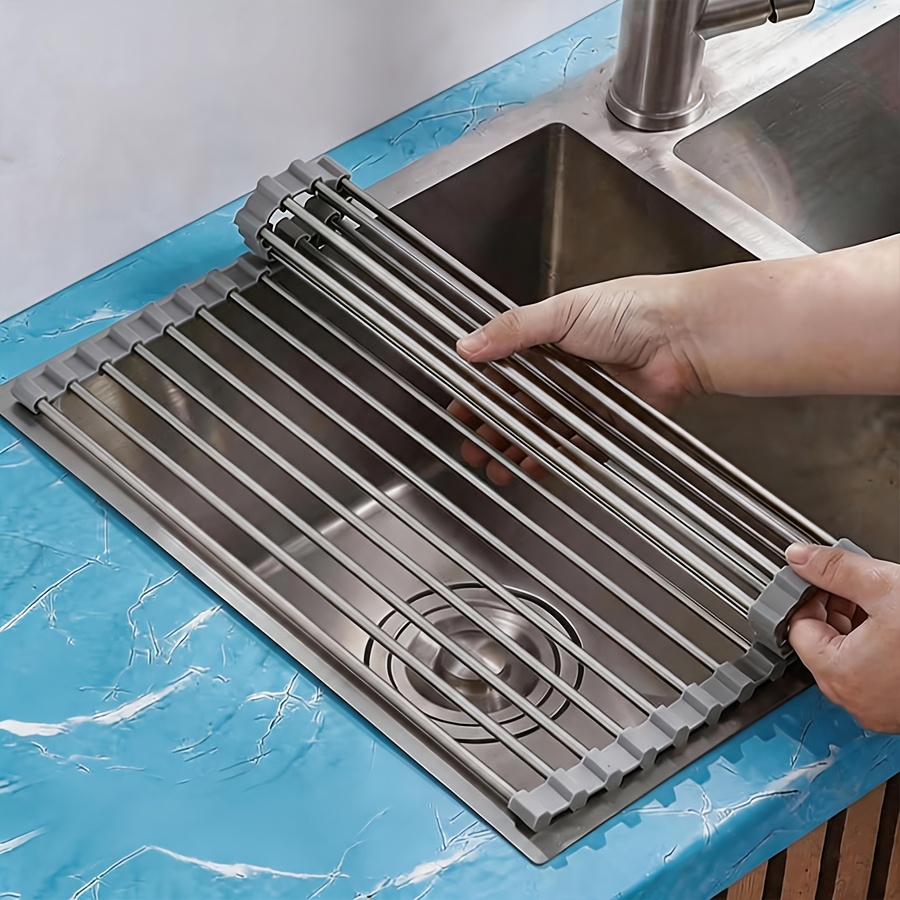klappbares edelstahl-spülbeckentrockengestell, aufrollbare abtropfmatte für geschirr utensilien an der küchenspüle, klappbare abtropfmatte zur   über der spüle, edelstahl-zubehör für die küchenspüle, aufrollbares trockengestell zur   über der spüle, klappbares edelstahl