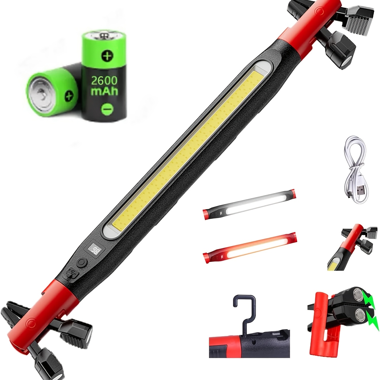 TEMU 1/2/3/4pcs Magnetic Work Light 3000 , Rechargeable Led Flood Light With 180° Rotating Head & 360° Hooks, For Camping, Emergency, Car Repair