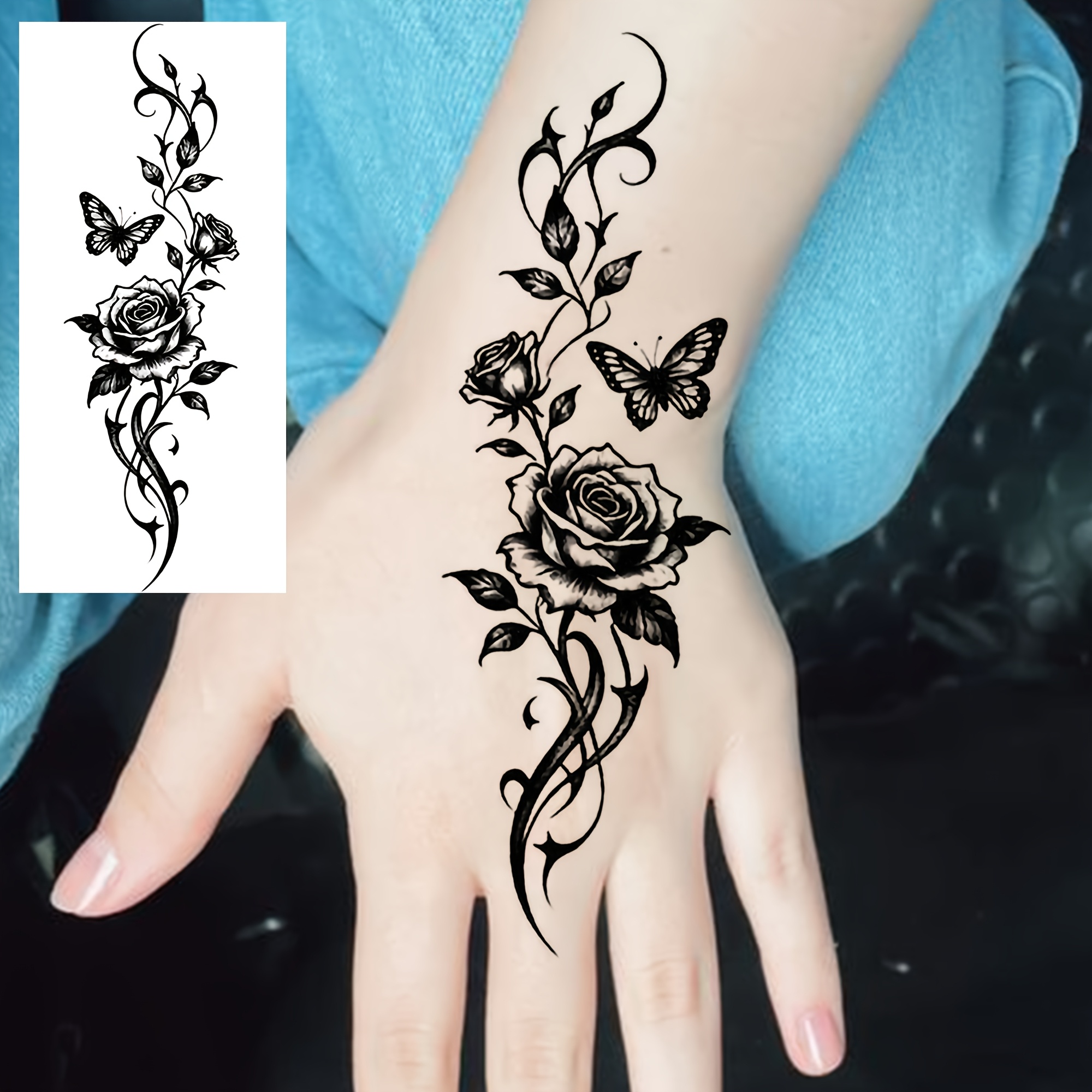 1 Sheet Rose Temporary Tattoos For Women Men Hands Finger Foot Neck Waist Legs Thigh Forearm Shank Half Sleeve Arm, Temp Fake Tattoo Stickers Waterproof Long Lasting Realistic Tattoos