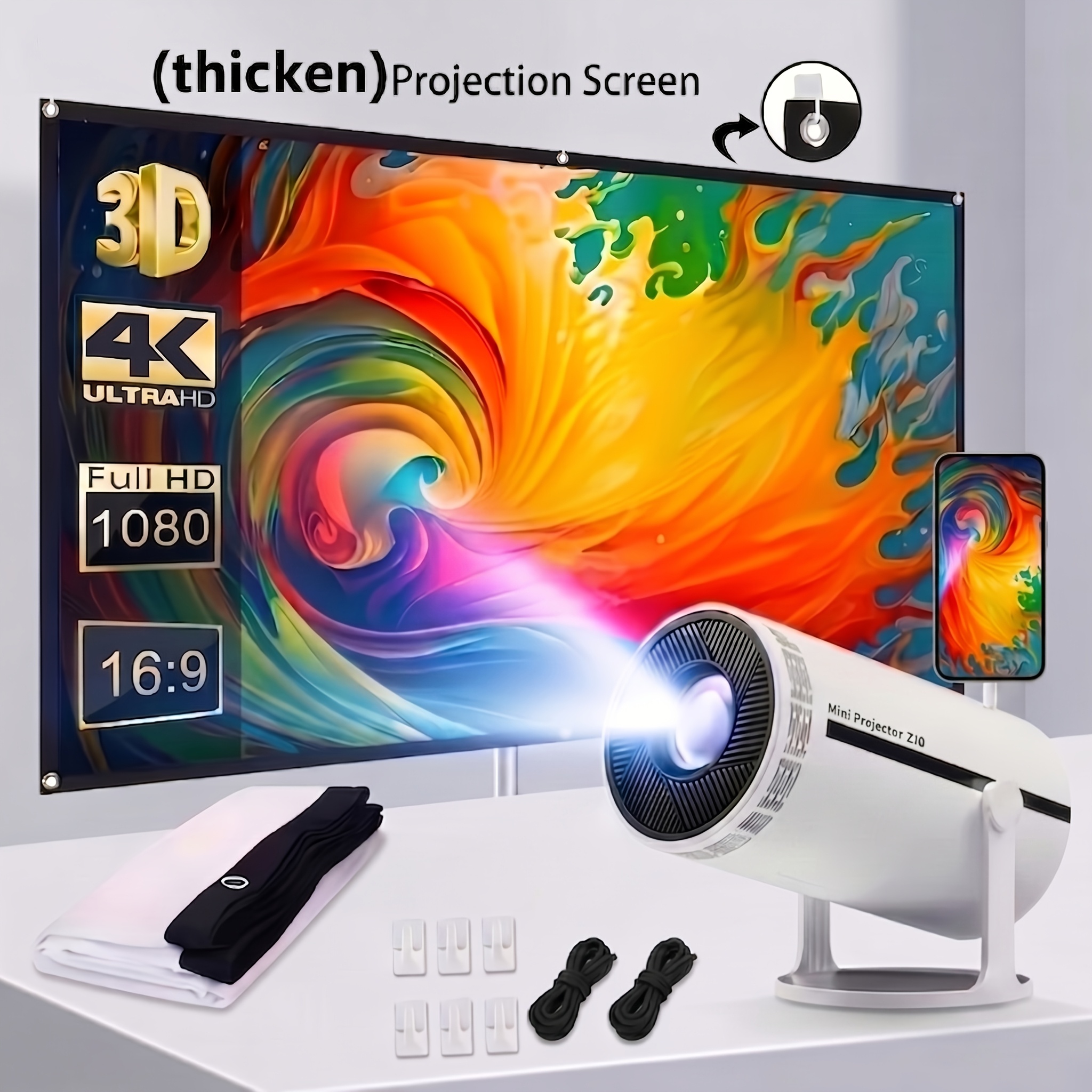 TEMU di per home theater 3D da 100 pollici 4K Ultra-HD, d' 16:9, fibra di poliestere, antipiega e lavabile, accessori di montaggio. per campeggio ,