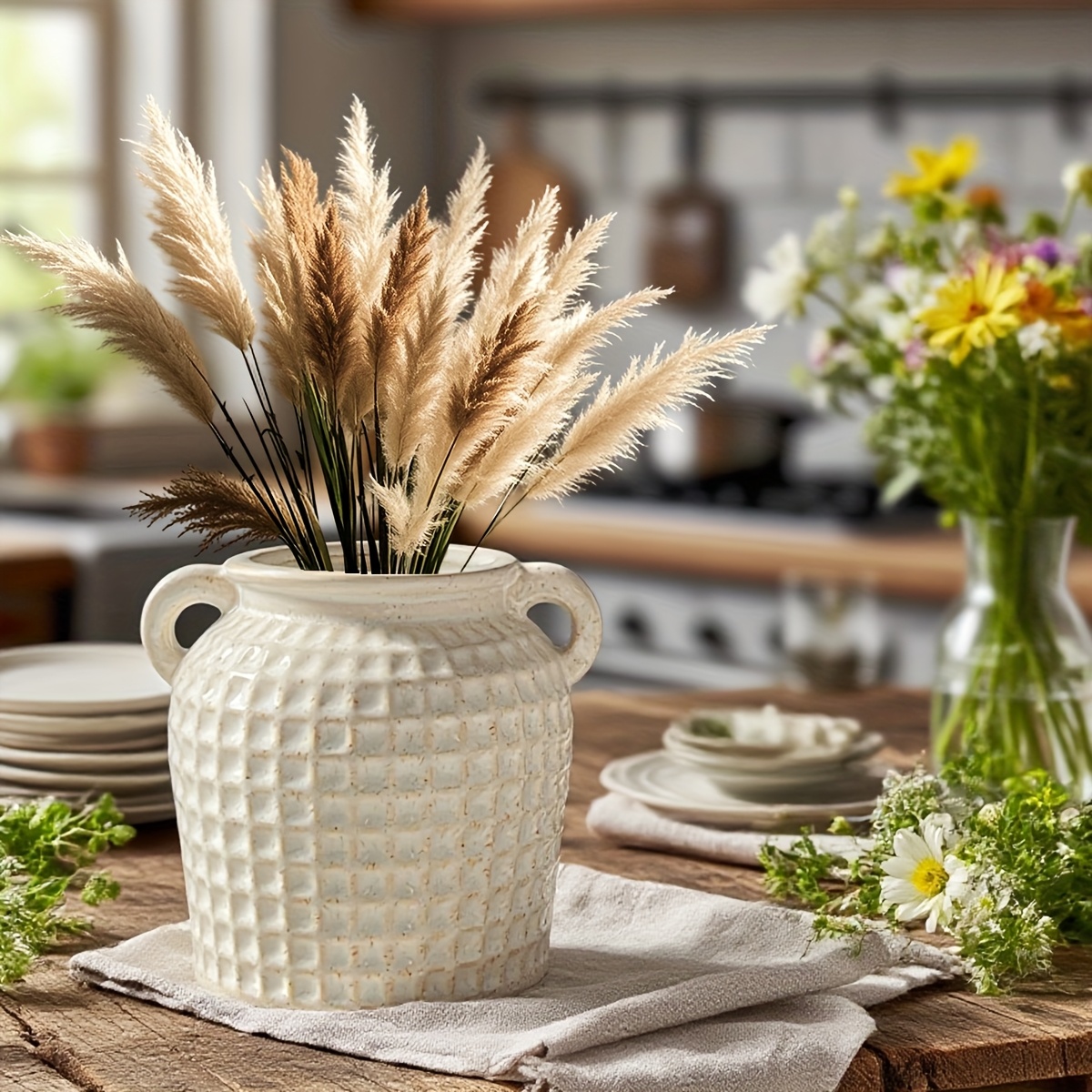1pc Vintage Ceramic Double-Handled Vase - a Unique And Original Multifunctional Storage Jar, Suitable for Tableware And Fresh Flowers - a Rustic Style Decorative Container for The Kitchen, Dining Room, Or Living Room, Featuring a Distressed Glaze fo