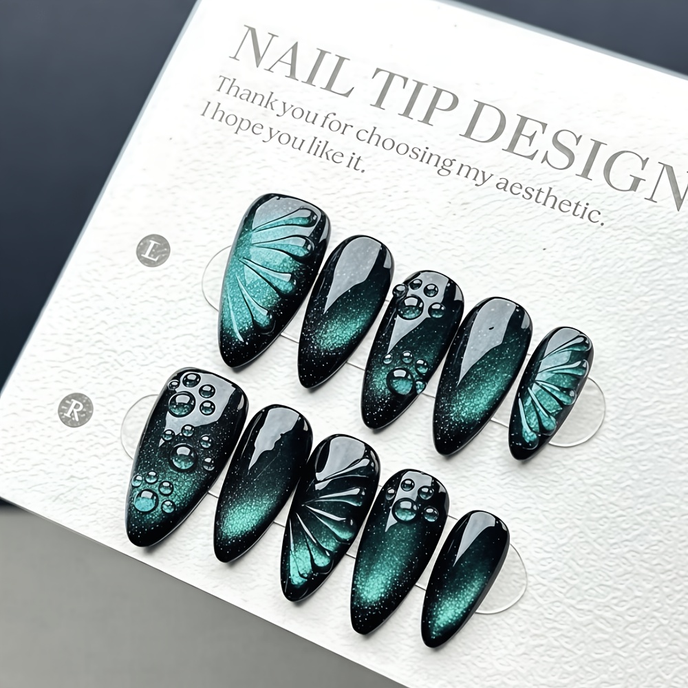 TEMU Upgrade Your Look: 30 Long Almond-shaped Fake Nails, Gradient Cat-eye Nail Stickers, Heavy-duty Three-dimensional Wing Fake Nails, Elegant And