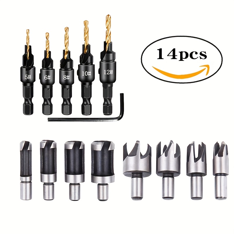 Image of 14pcs Set Wood Plug Cutter Drill Cutting Tool Drill Bit Set Straight And Tapered Taper Woodworking Cork Drill Bit 5/8" 1/2" 3/8" 1/4
