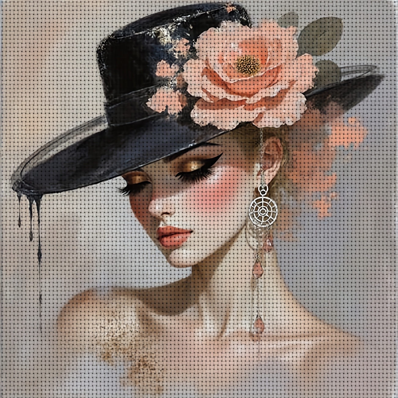 TEMU 1 kit de point de croix imprimé | Motif "Chapeau Floral Élégant", idéal pour les débutants, toile, fil, motif et instructions, disponible en 2