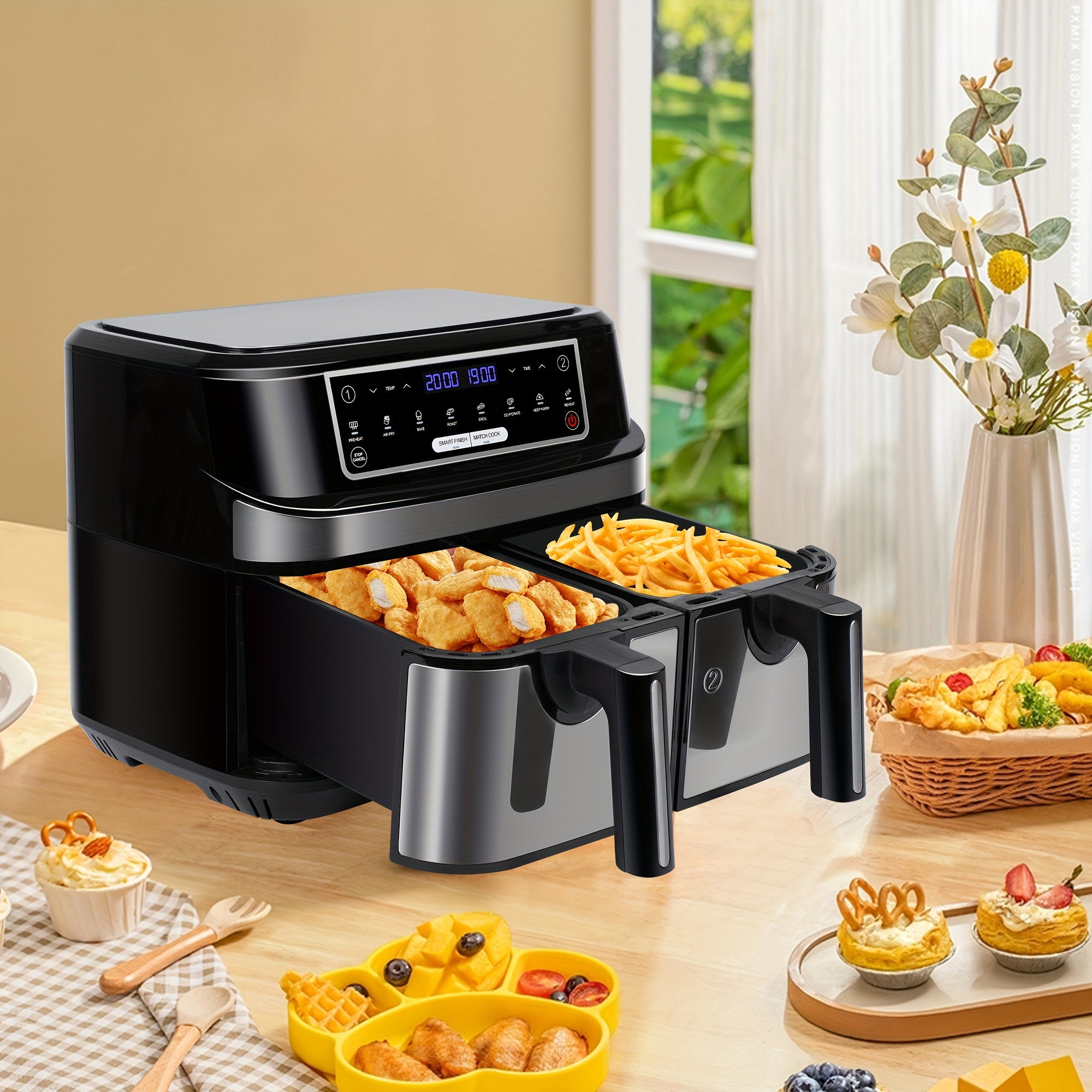 

Hot Air Fryer, Dual Chamber, 9 Litres, Xxl Hot Air Fryer With 2 4.5 L Drawers, 8 Automatic Programmes, Air Fryer With Led Touch Screen, & Cook Functions