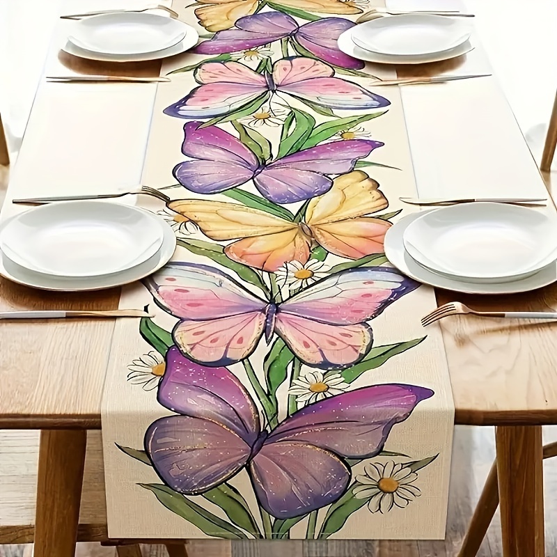 

Spring Butterfly Table Runner - Polyester, Rectangular, Woven Design For Kitchen & Dining Decor Floral Tablecloth Flower Table Cloth