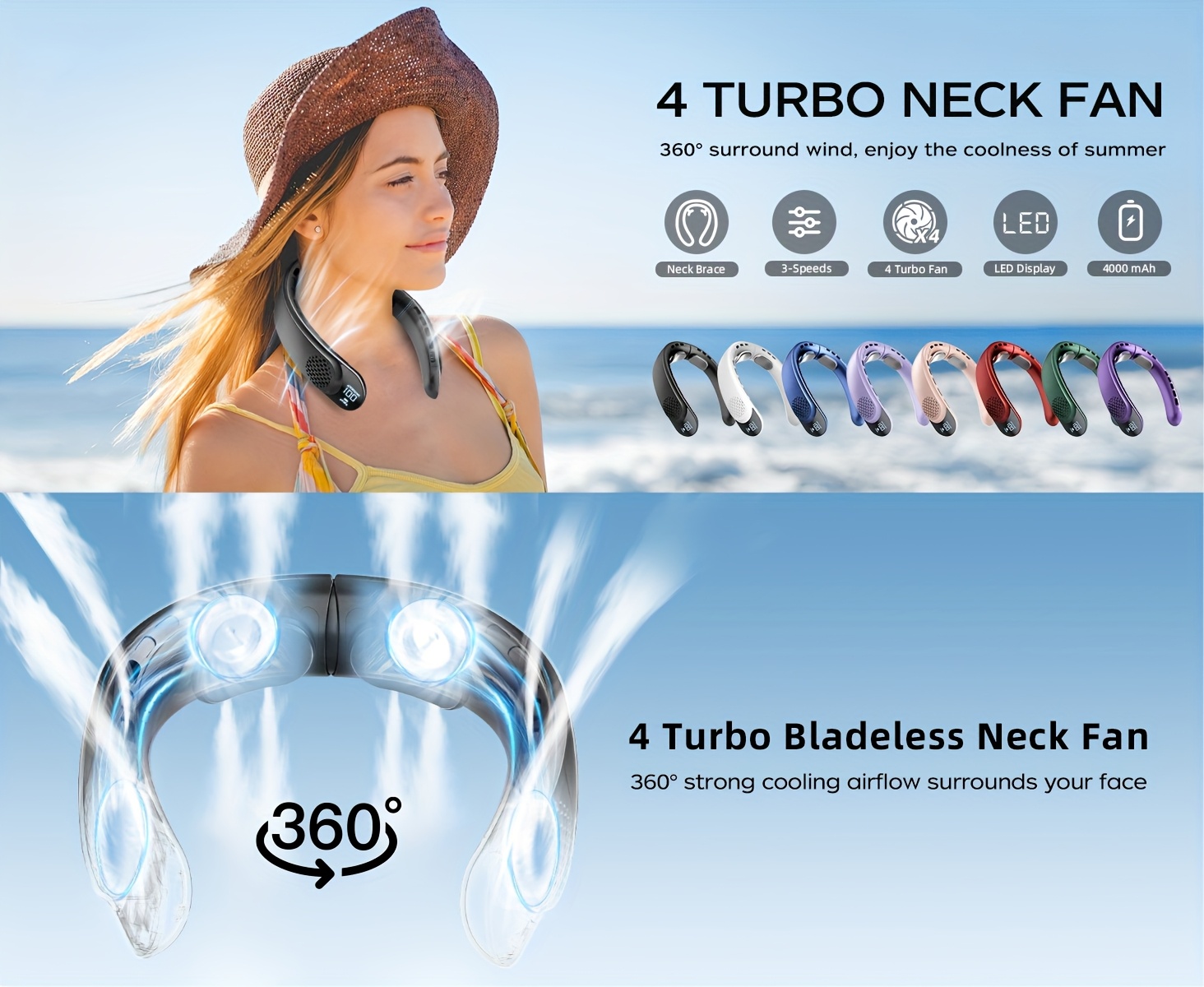 Advanced Wearable Neck Fan Pro - 360° Surround Cooling Technology, 3 Wind Modes (Natural/Turbo/Sleep), Real-Time LED Display for Battery & Speed, Ergonomic Flexible Neckband, No-Blade Safe Design, Perfect for Travel & Daily Use.