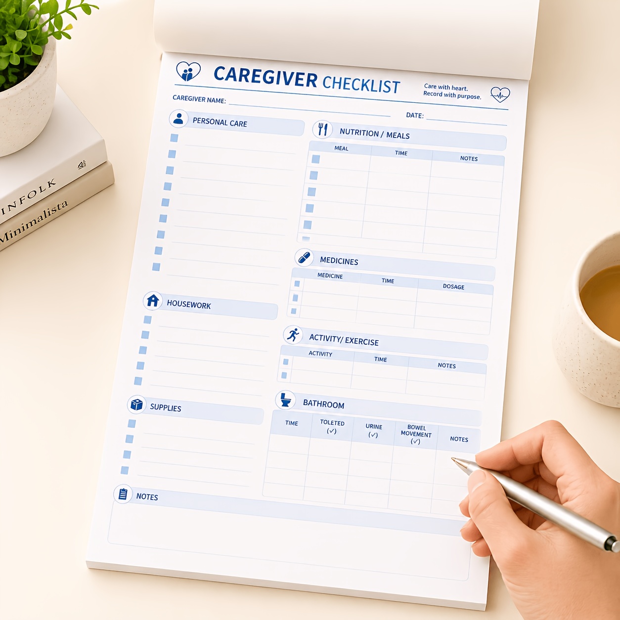 a caregivers daily logbook 30 pages this   care logbook     of recording pages to track personal care   medication activities toileting habits and household arrangements its clear and   checklist
