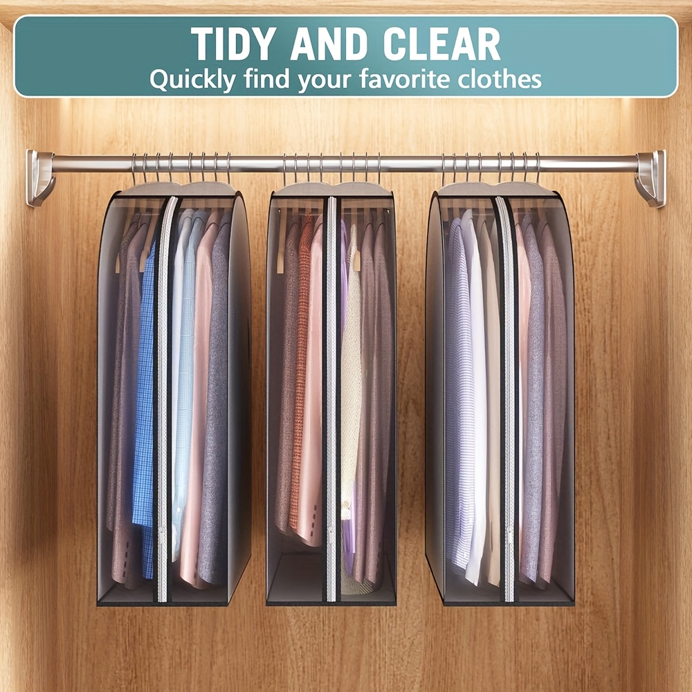 3pcs Side Transparent Black Non-woven Fabric Clothes Dust Cover Transparent Garment For Hanging Clothes Open Wardrobe Storage Plastic Clothes , Dress, Shirt, Fur, Jacket, Wardrobe Protector 4 Sizes