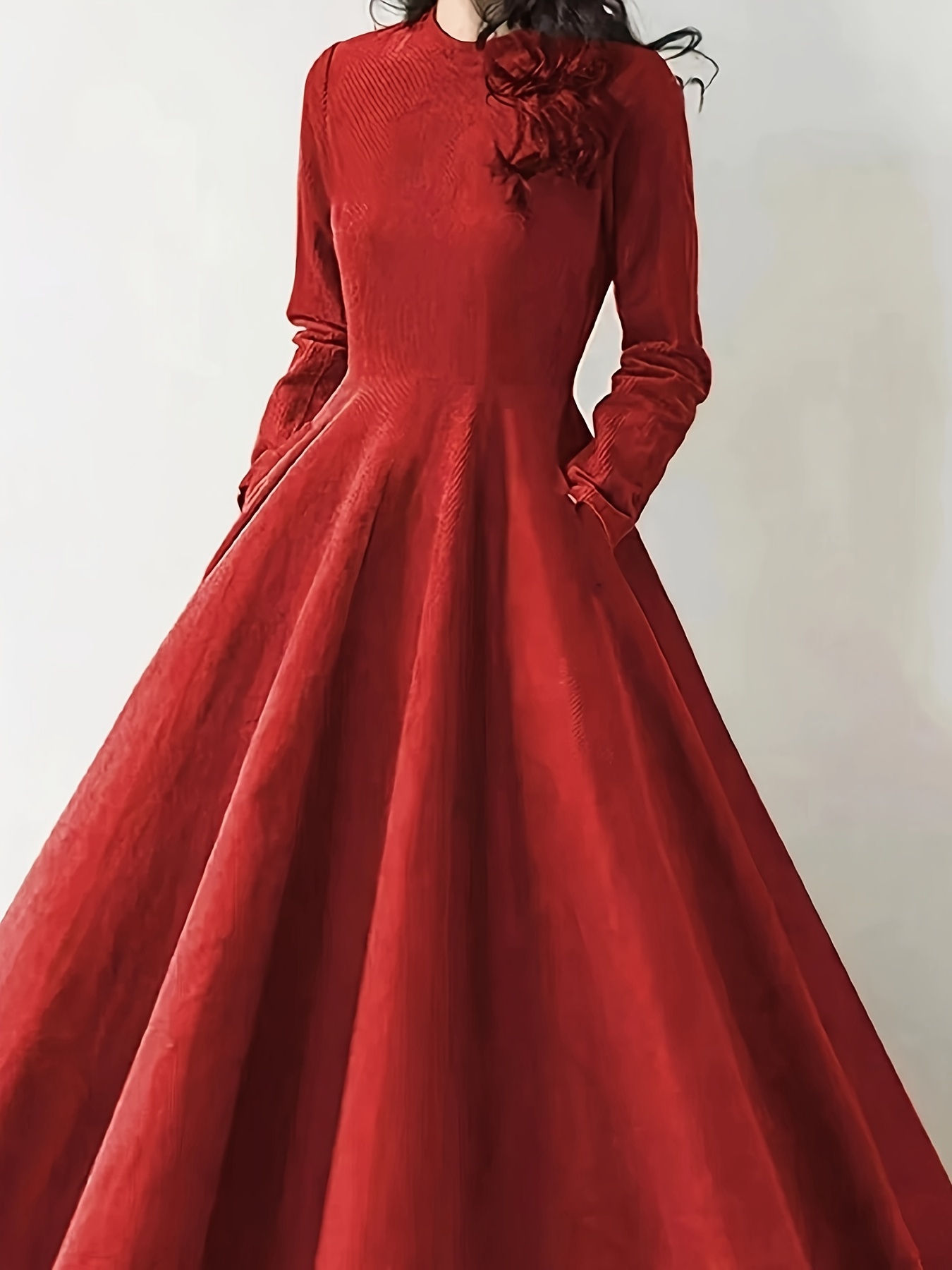 knee length dresses for ladies Women Autumn Long Sleeve Midi Dress Elegant Ruffles Red Square Neck Ir –  Simplepromdress main image 0