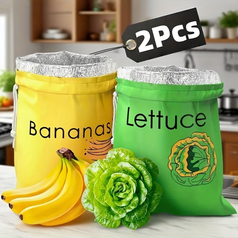 E-shop 2 Stück Bananen- Salat-Frischhaltebeutel, Dreifach-Aluminiumfolien-Innenfutter mit Zugband-Design, geeignet für Kühlschrank/Gefrierschrank,