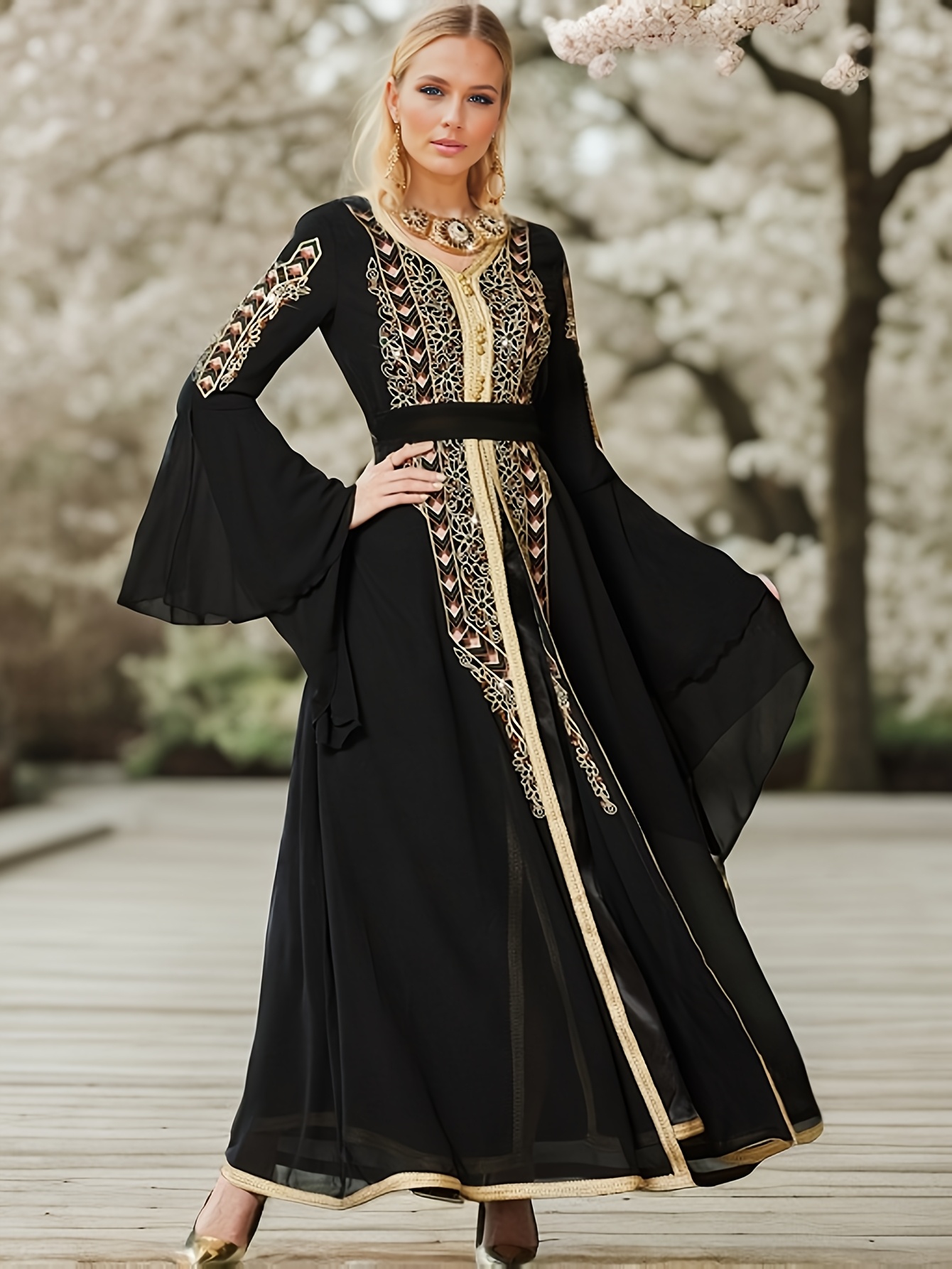 slim fit dress slacks Charcoal Floral Print Modest Maxi Dress with Flared Sleeves – FineLook main image 0