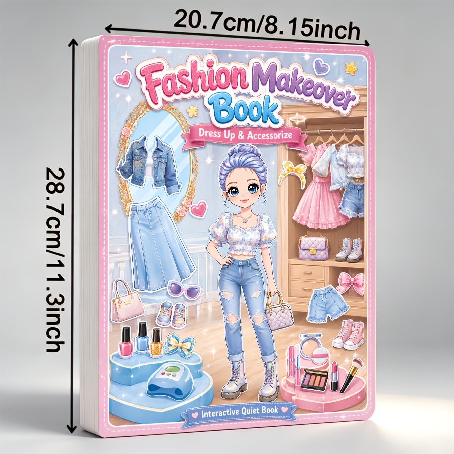 TEMU Reusable Fashion Dress Up Sticker Busy Book,large 4-in-1 Interactive Busy Book/quiet Book With 150+ Reusable Pieces For Hair Styling, Nail Art &
