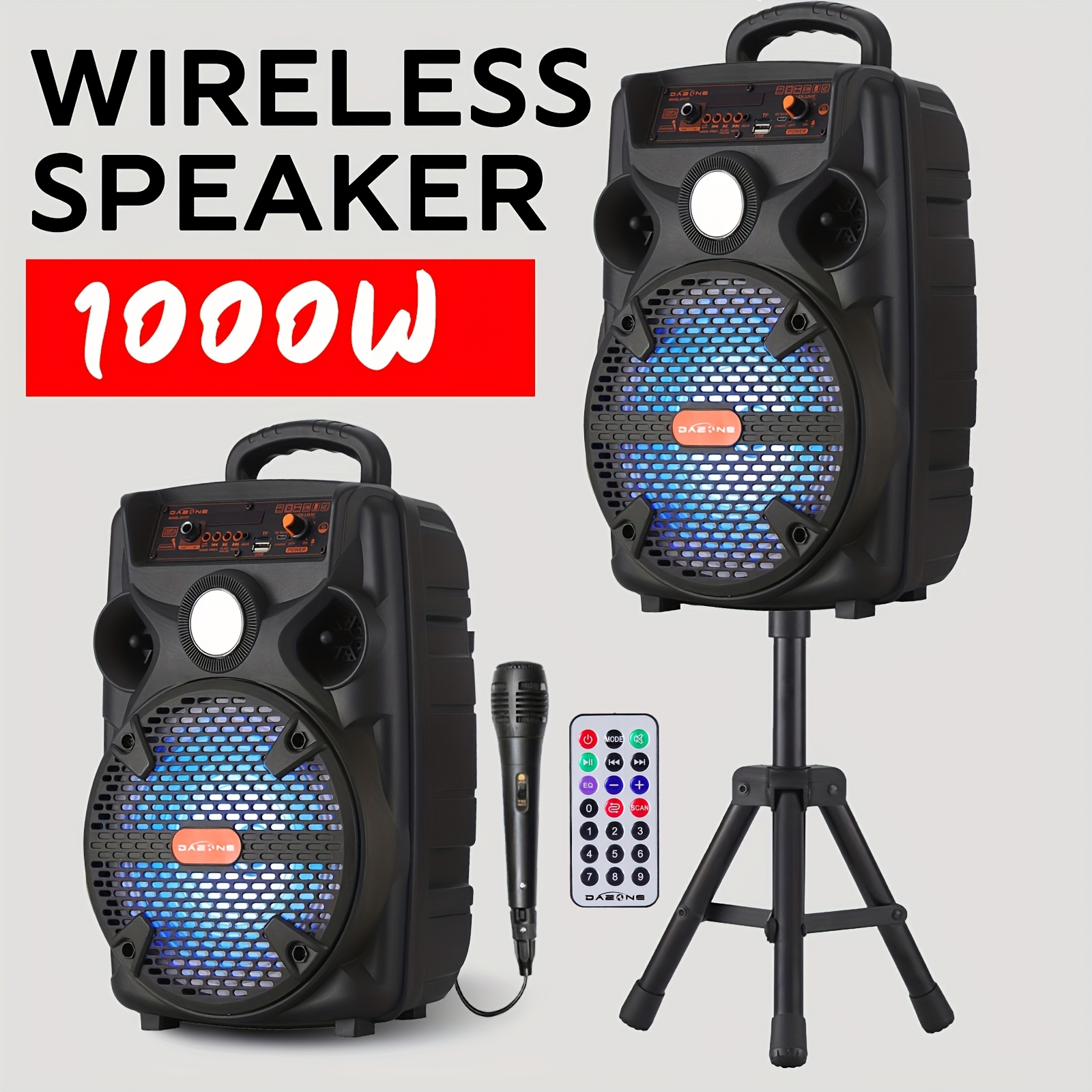 TEMU 1000w Rechargeable Outdoor Wireless Speaker Portable Pa System With 8" Subwoofer, Led Lights, Bt/tf/tws/usb/aux, Includes Microphone And Stand,