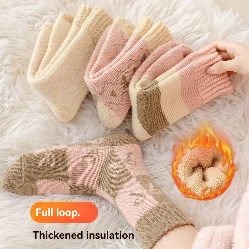 

4pcs Women's Cozy Thickened Fleece-lined Socks For Fall & Winter - Warm Mid-calf Sleep Floor Socks, Soft Striped Pink And , Machine Washable