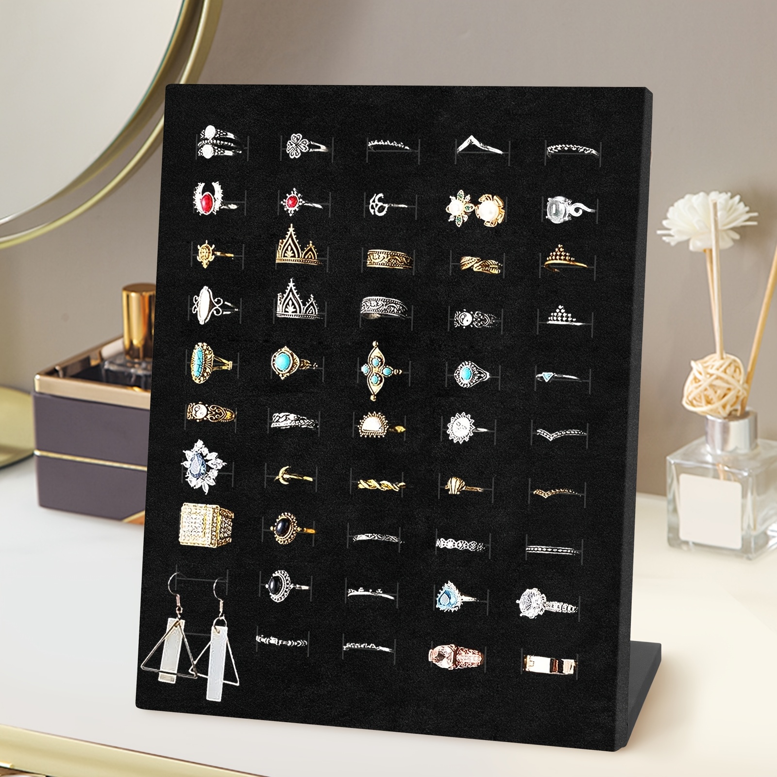 TEMU 50-slot Ring Display Stand, Jewelry Tray With Slope Design, Elegant Jewelry Organizer For Earrings Storage, Ideal For Home And Boutique Use