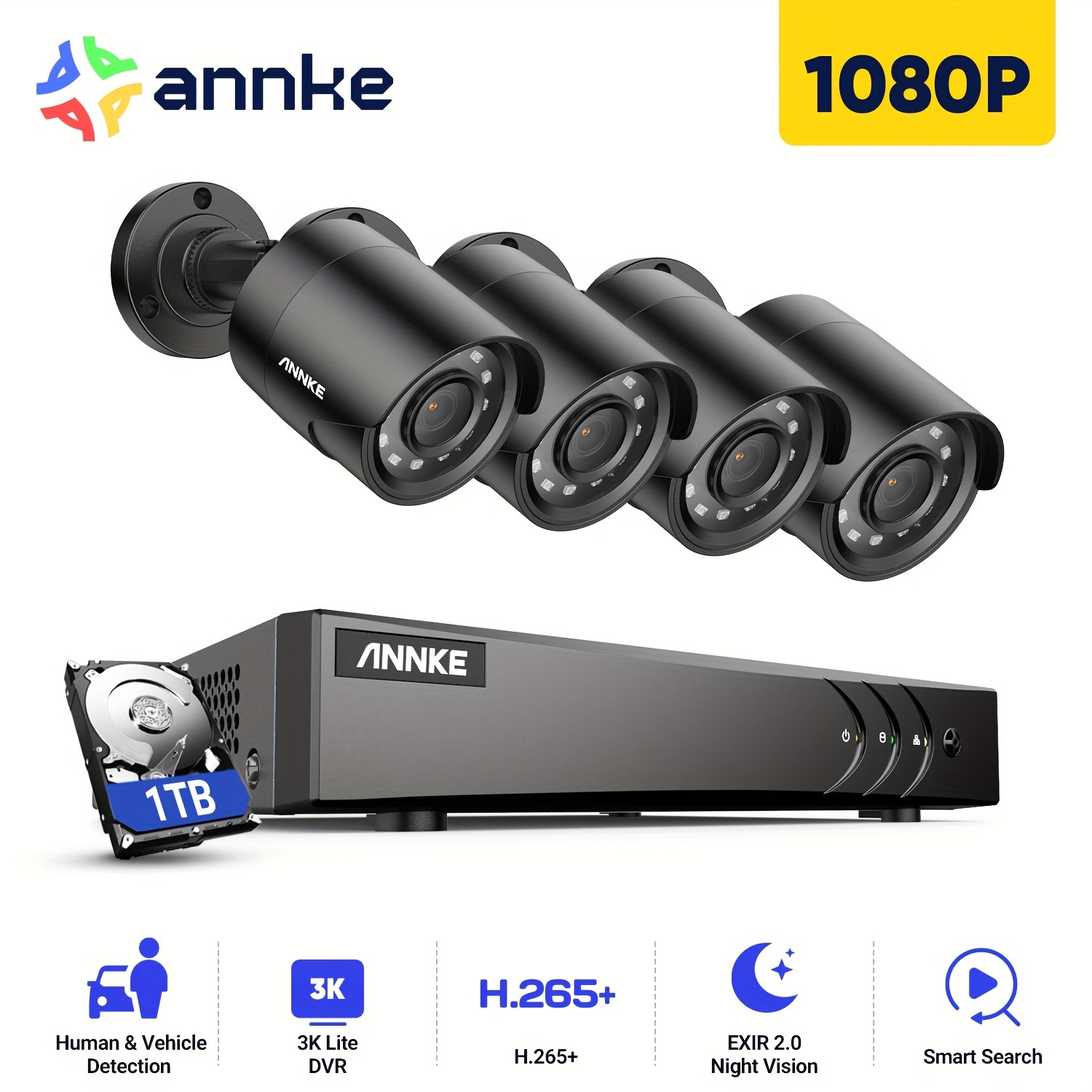 

Annke 5in1 8ch H.265+ 3k 5mp Ai / Detection, 4pcs 1920tvl 2mp 1080p 2.0 Cameras For 24/7 , - , &, Wdr&dnr, 1tb Included.