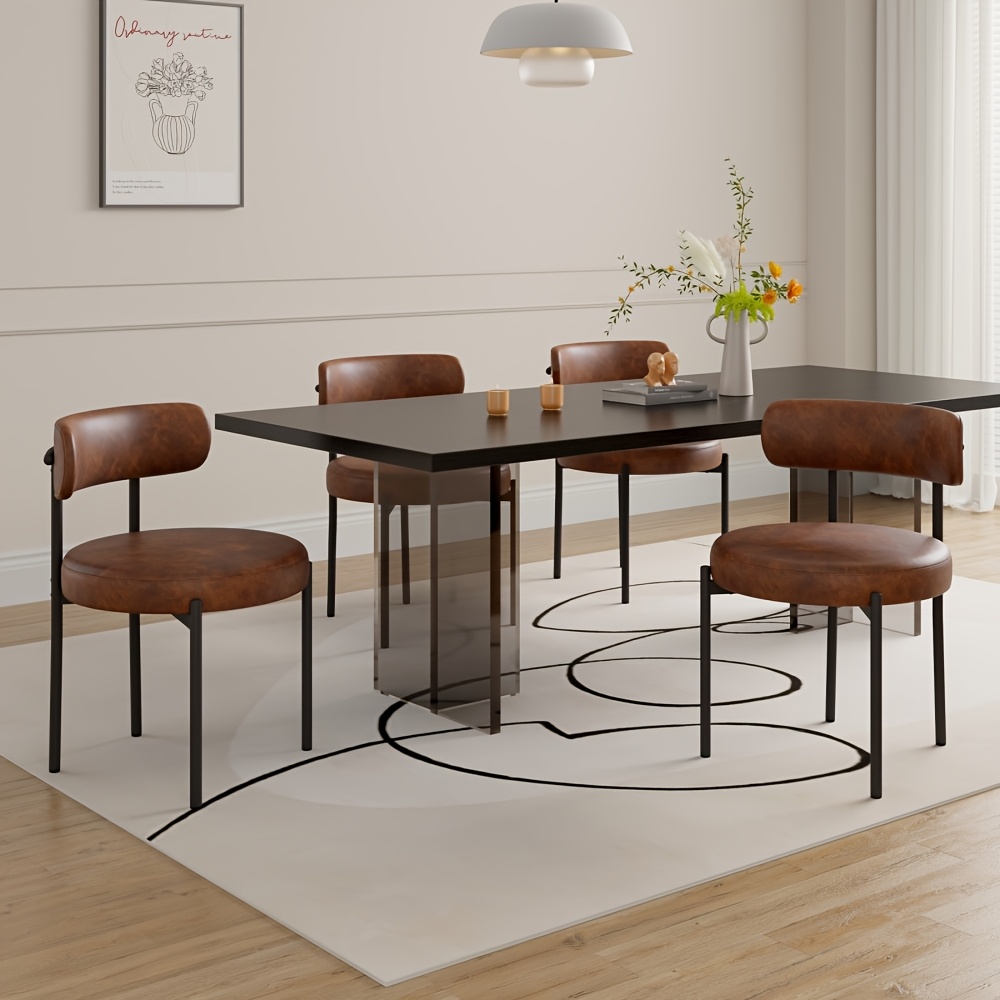 Image of Set Of 4 Dining Chairs, Padded Kitchen Chairs With Teddy Velvet, Suitable For Living Room, Dining Room And Bedroom, Leather: Brown, Beige. Teddy: White, Yellow, Light Brown, Black