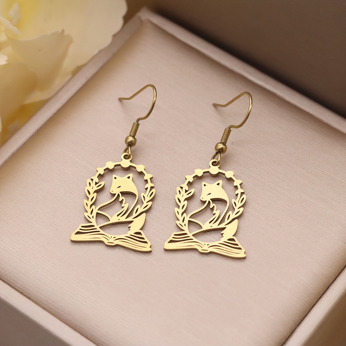 Stainless Steel Hollow Wreath Fox on Book Dangle Earrings