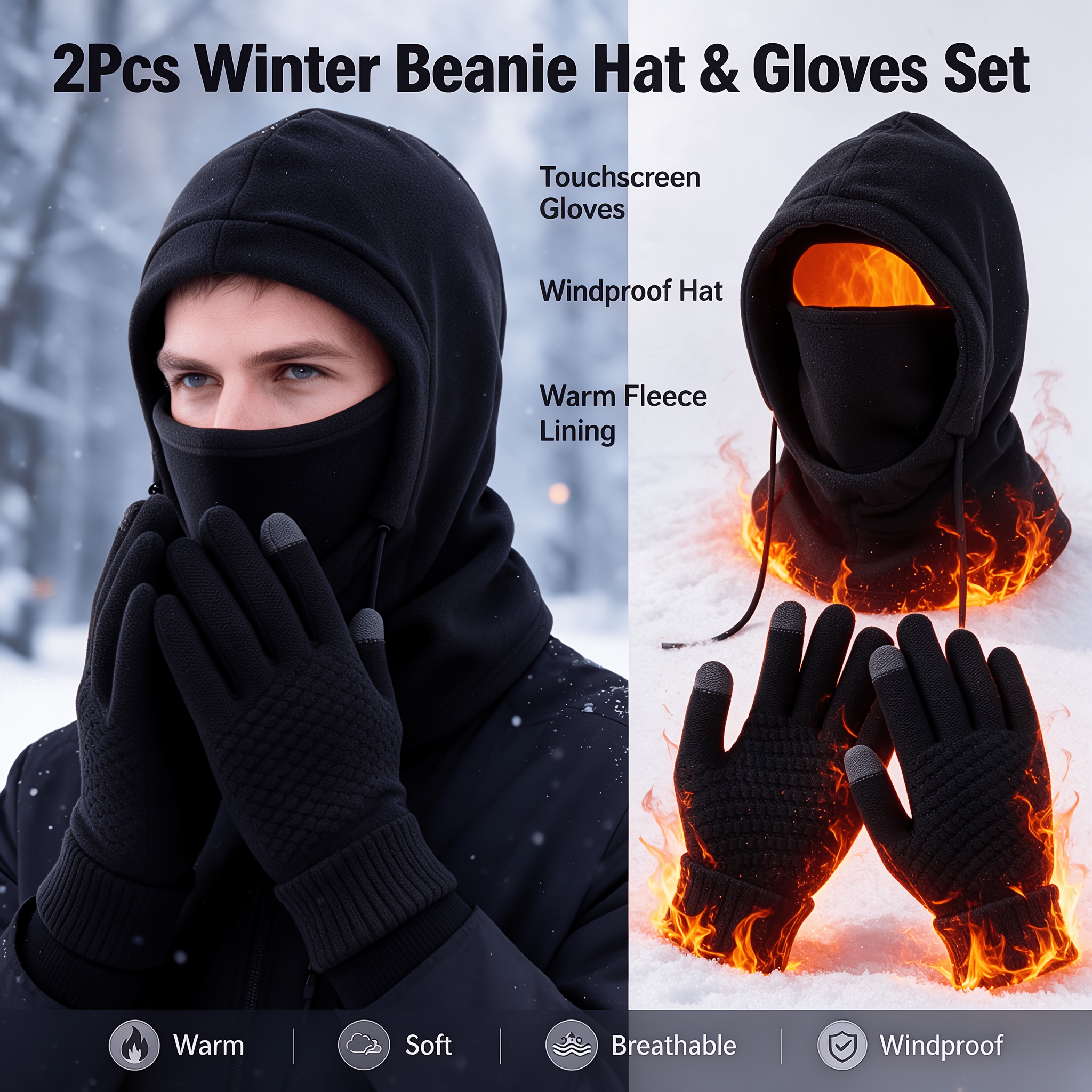 TEMU 2pcs Winter Warm Fleece Balaclava & Touchscreen Gloves Set, Windproof Full Face Mask Beanie, Thick Thermal Lined, Cold Weather For Skiing,