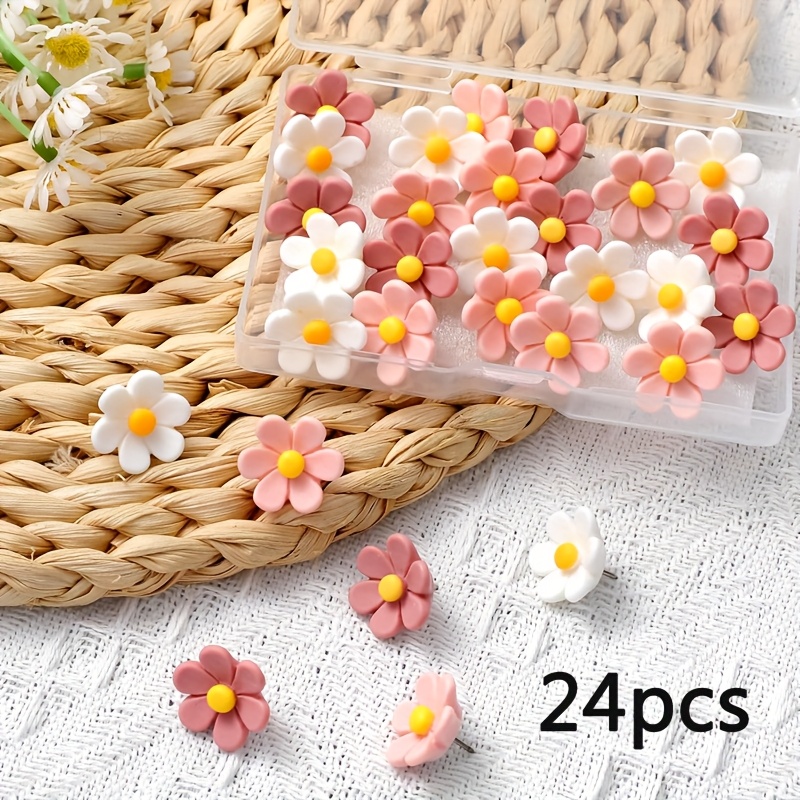 Image of 24pcs, 3 Colors Of Flower Push Pins: White Flower Push Pins, Pink Flower Push Pins, Photo Wall, Office Decoration Push Pins