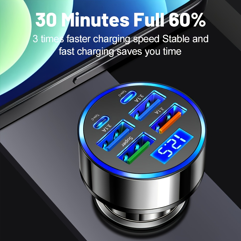 Datangwin, 6-in-1 Fast Car Charger with USB-C, Dual PD & QC3.0, 4 USB Ports, Voltage Display - Compatible with iPhone, Samsung, Huawei, Xiaomi - Matte Finish, Portable Charger, Car Charge, Without Battery