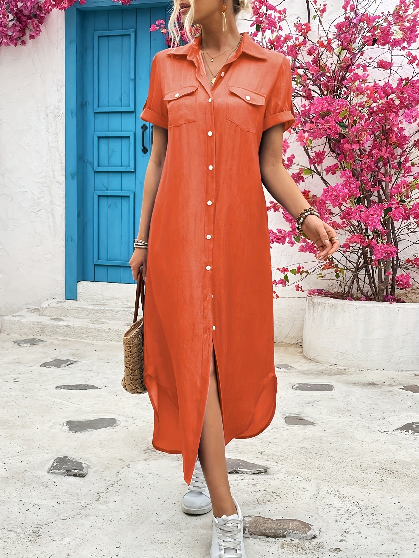 womens summer long casual solid color simple shirt dress - Temu United  Kingdom