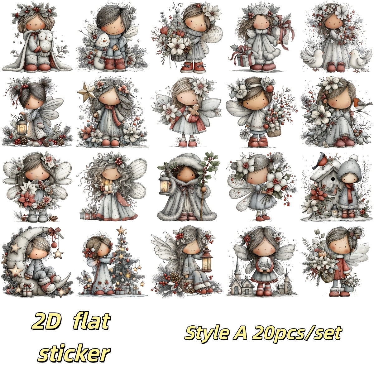 TEMU 20pcs/set 2d Flat Stickers, Winter Christmas Flowers, Wings, Fairy Stickers, Crafts, Scrapbooks, Travel Bags, Laptops, Guitars, Skateboards,