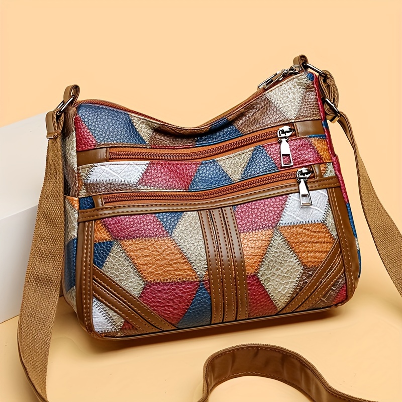 

Vintage Argyle Pattern Pu Crossbody Bag With Adjustable Strap, Multi-layer Lightweight Shoulder Purse With Zipper Closure And Polyester Lining From Baigou Production Area