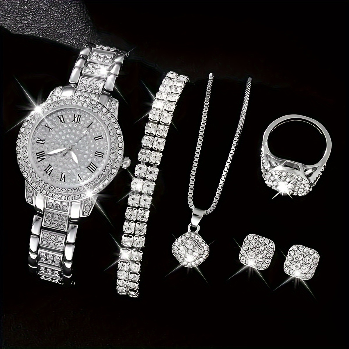 

6ps Women's Full Diamond Roman Scale Dial Steel Strap With Jewelry Set Ideal Choice For Gifts Gifts For Eid