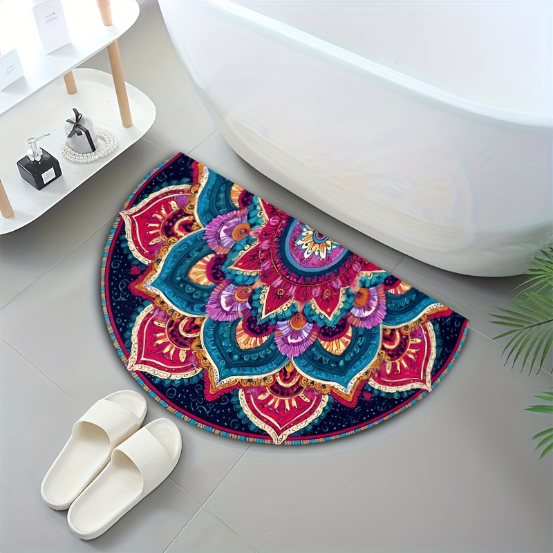 TEMU 1pc, Semi-circular Flannel Door Mat Featuring A Retro Mandala , Soft And Anti-slip, Ideal For Indoor And Outdoor Use, Decorating Bathrooms,