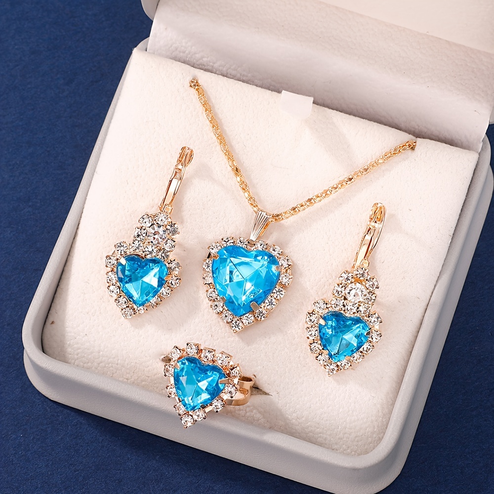 

Luxury Heart Shaped Jewelry Set, Elegant Shiny Style With Ring, Earrings And Necklace, Blue Rhinestone, Perfect For Valentine's Day & Holiday Gifts